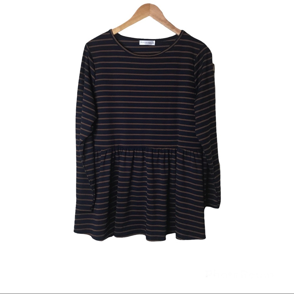 Tickled Teal Womens Stripe Babydoll Top Size L Blue Brown Long Sleeve Stretch